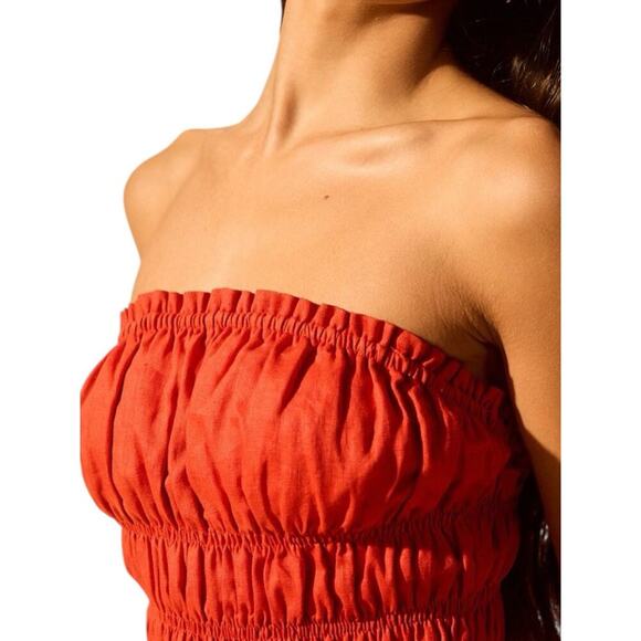 Gillia Red Linen Mini Dress Spaghetti Strap Convertible Strapless Shirred Waist - Picture 2 of 10